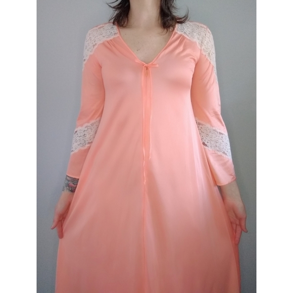 Vintage 70s 80s Coral Lingerie Nightgown Small Mumu Maxi Dress Bell Sleeve - Picture 2 of 9
